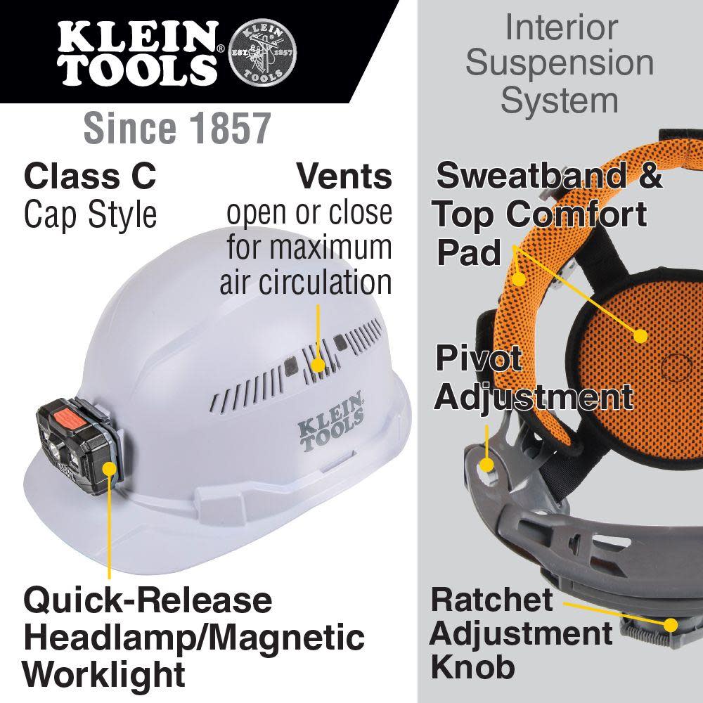 Klein Tools Hard Hat Vented Cap Style with Rechargeable Headlamp White - Ascmtools