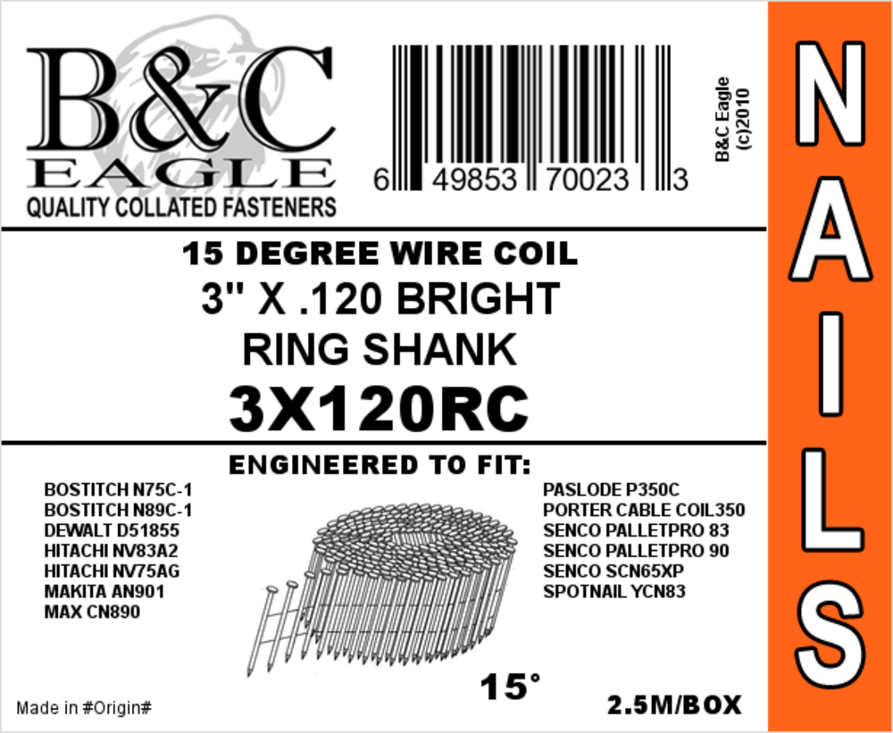 B and C Eagle 3 x .120 Wire Collated Ring Bright Coil Framing Nails 2500pc - Ascmtools