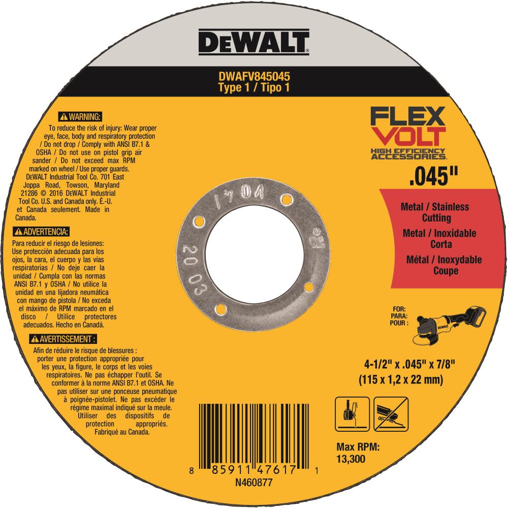 DEWALT FLEXVOLT 4-1/2 In. x .045 In. x 7/8 In. T1 5pk Cutting Wheel - Ascmtools