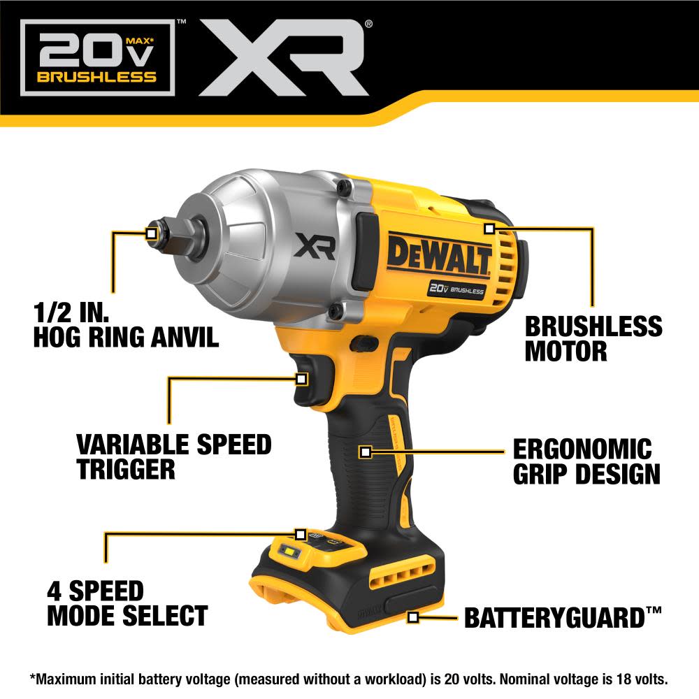 DEWALT 20V MAX XR 1/2″ Impact Wrench with Hog Ring Anvil Bare Tool - Ascmtools