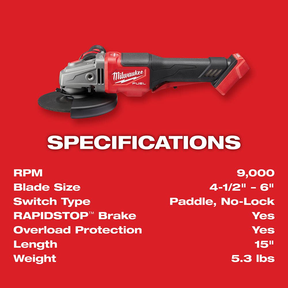 Milwaukee M18 FUEL 4-1/2 in.-6 in. No Lock Braking Grinder with Paddle Switch - Ascmtools