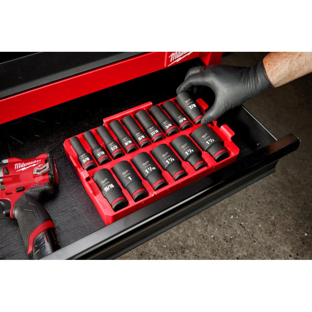 Milwaukee SHOCKWAVE Impact Duty Socket 1/2 Dr 15pc SAE Tray Set - Ascmtools