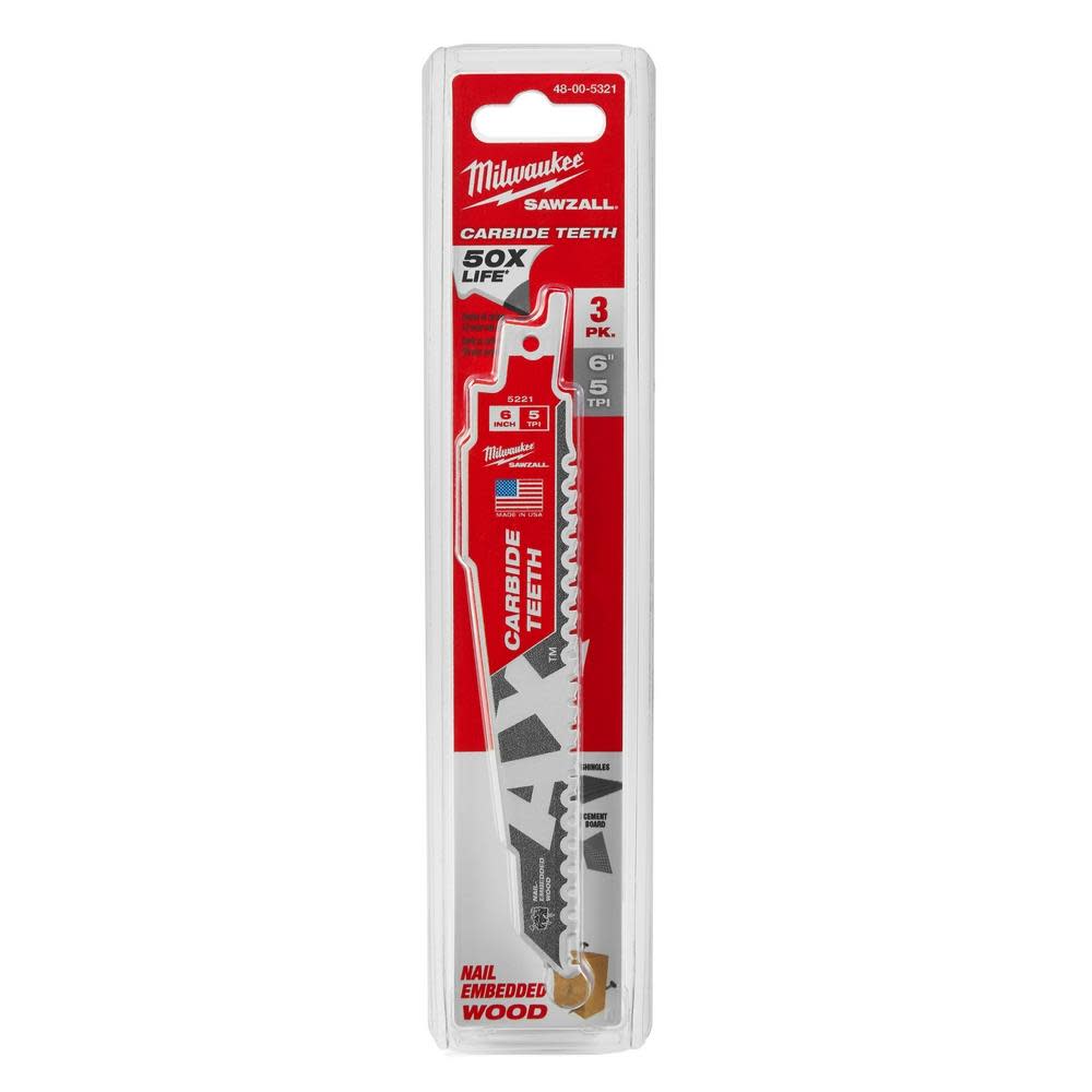 Milwaukee The Ax with Carbide Teeth SAWZALLBlade 6 in. 5T 3PK - Ascmtools