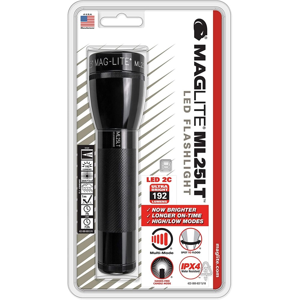 Maglite Flashlight ML25LT 192 Lumens Black LED 2 Cell C - Ascmtools