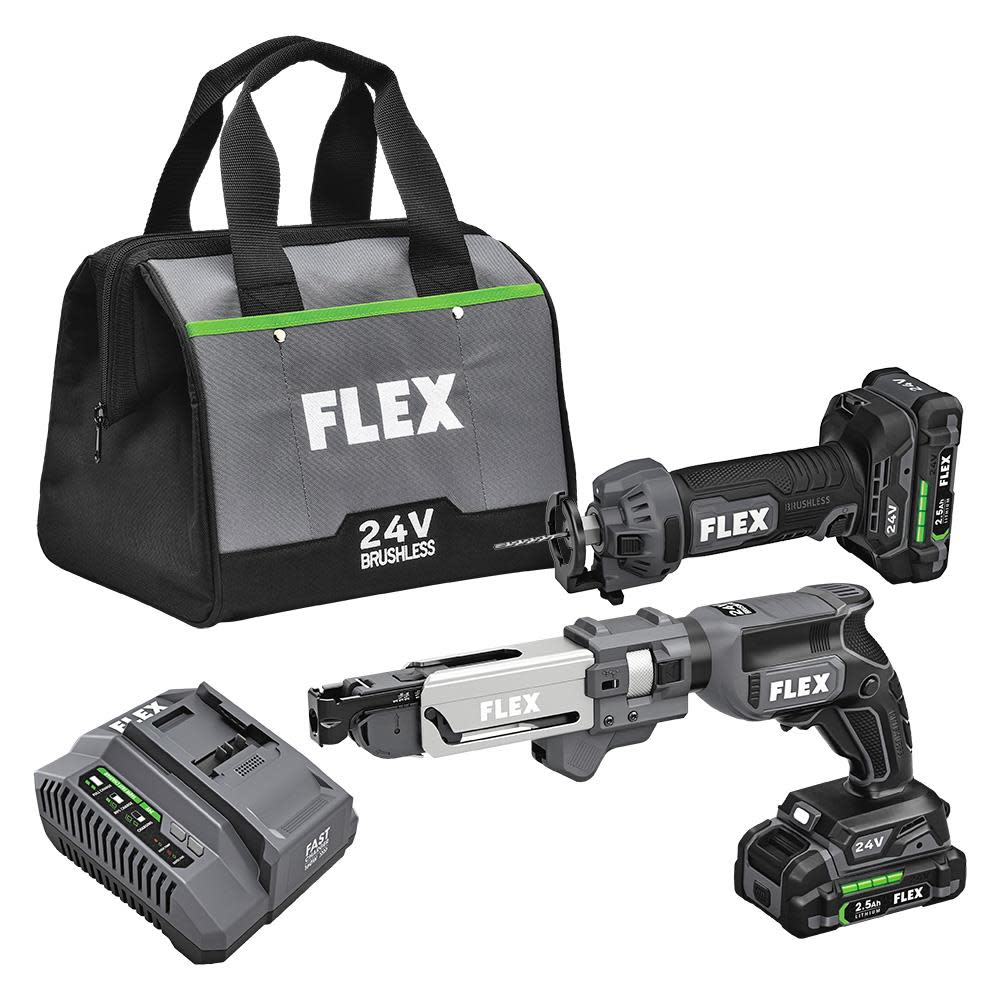 FLEX 24V Drywall Screw Gun With Magazine Attachment and Cut Out Tool Kit - Ascmtools