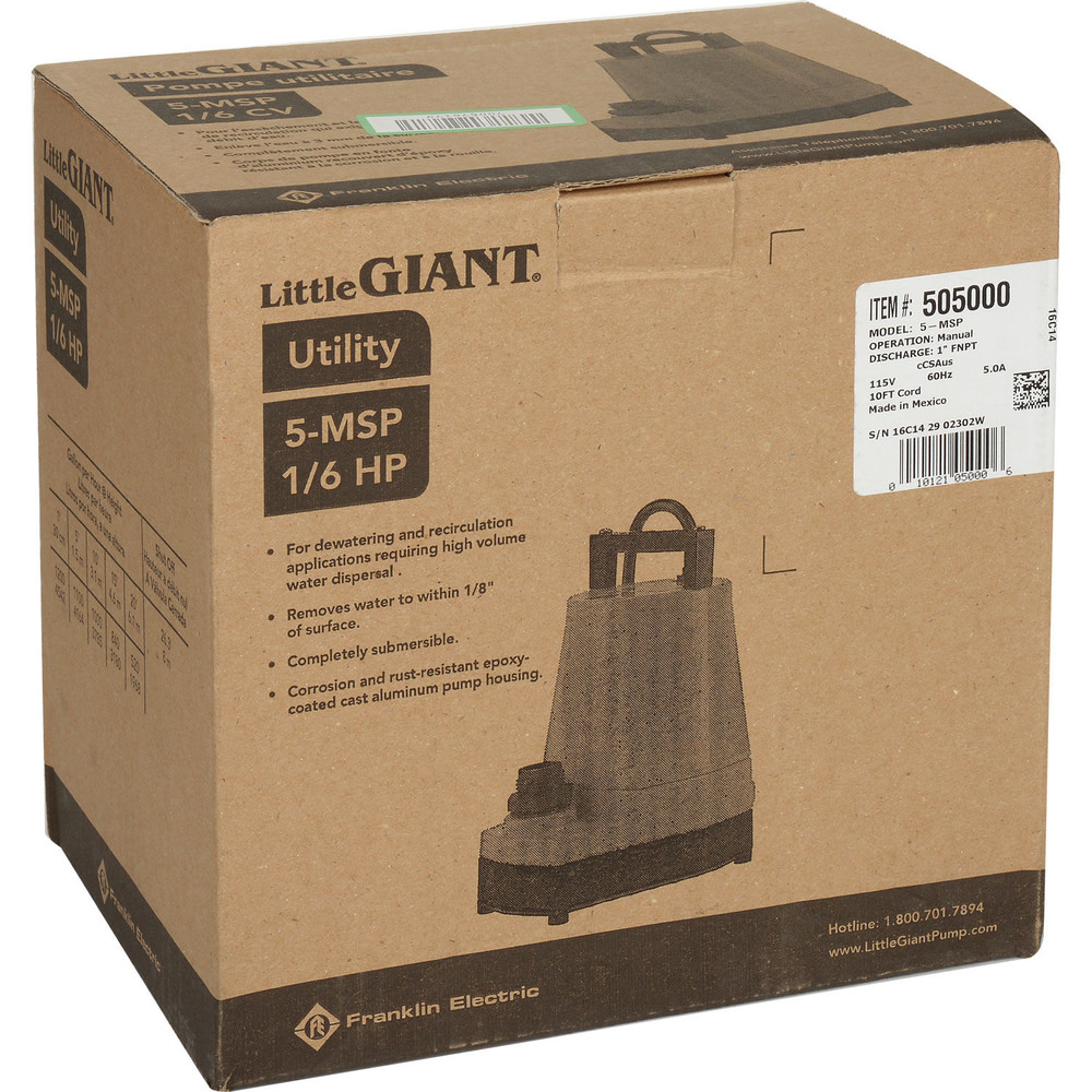 Little Giant Pump 5-MSP 1/6HP 115V Submersible Utility Pump 10′ Cord - Ascmtools