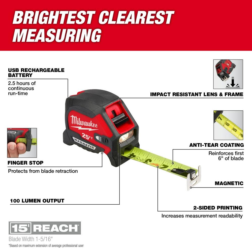 Milwaukee 25ft Wide Blade Magnetic Tape Measure with 100L Light - Ascmtools