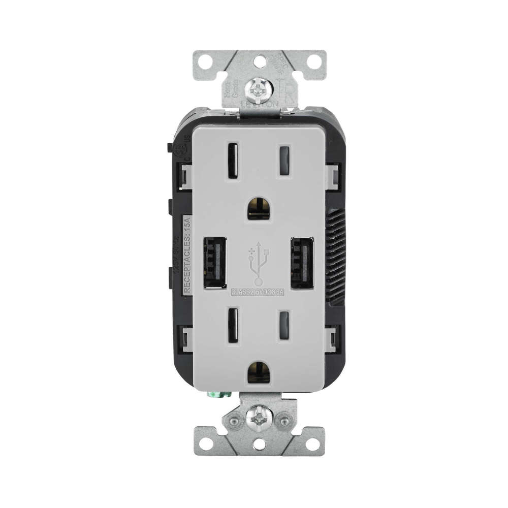 Leviton Decora 15A 125V Gray NEMA 5-15R Outlet & USB Charger - Ascmtools