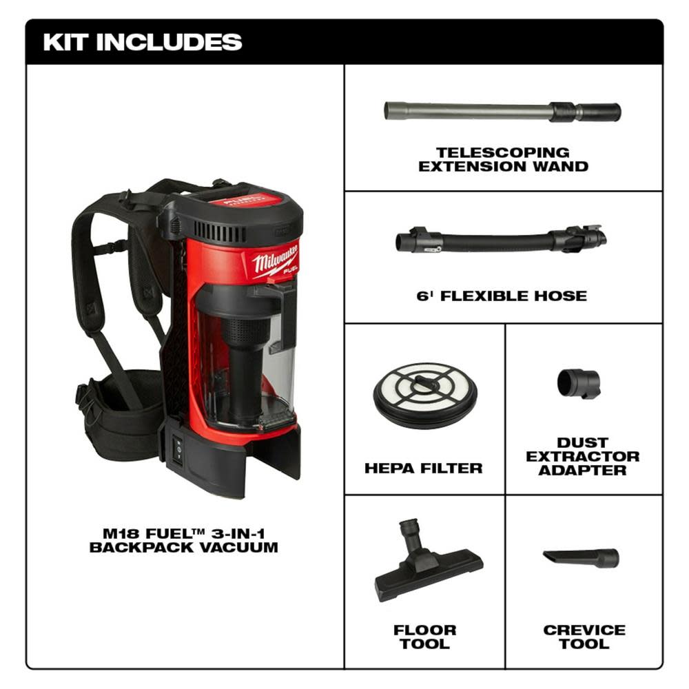 Milwaukee M18 FUEL 3-in-1 Backpack Vacuum - Ascmtools