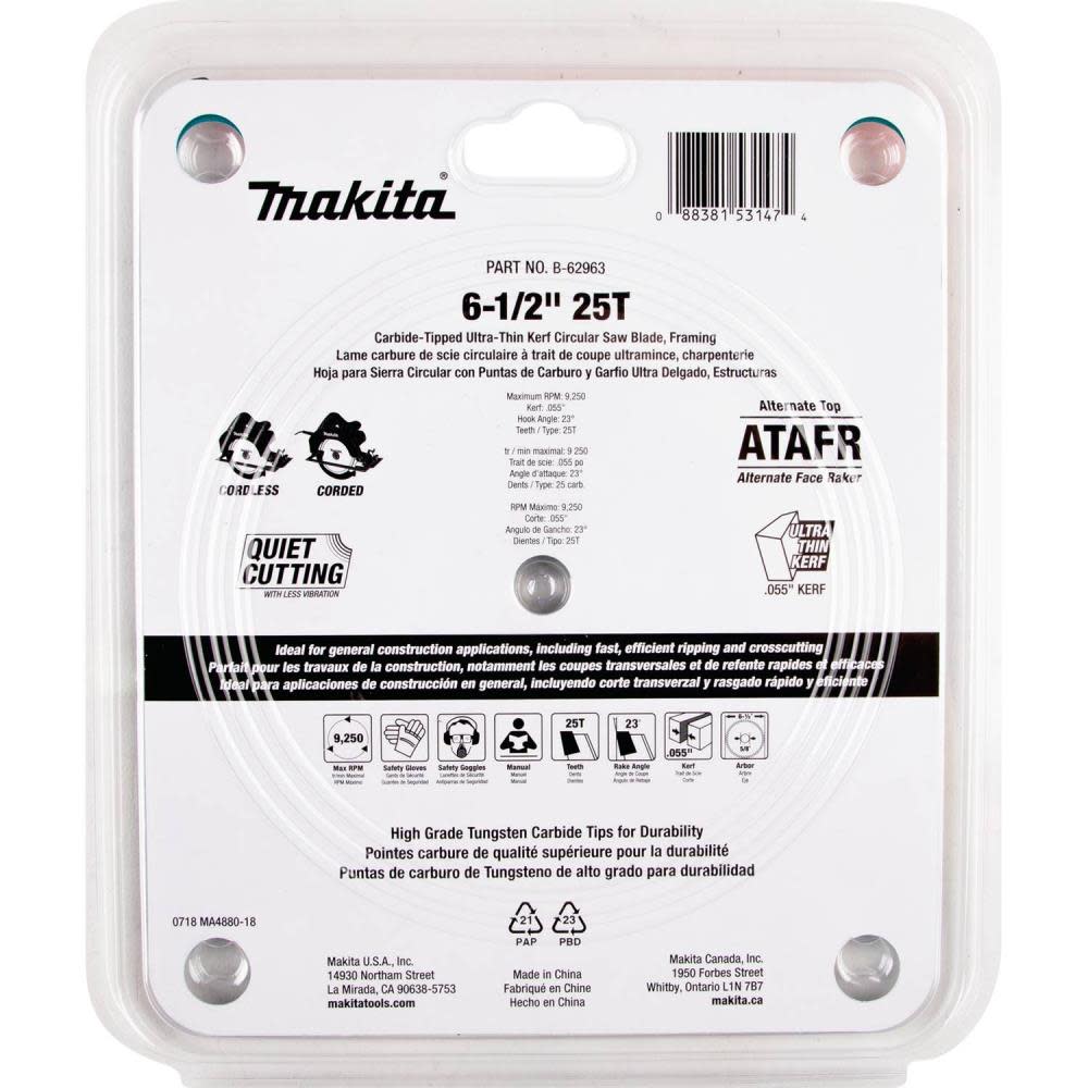 Makita 6-1/2″ 25T Carbide-Tipped Max Efficiency Circular Saw Blade Framing - Ascmtools