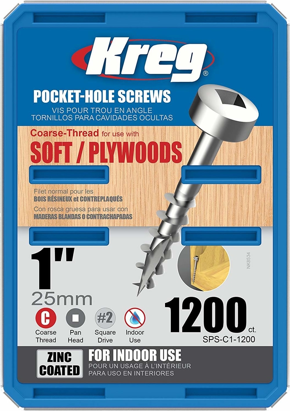 Kreg 1″ #7 Coarse Pan-Head Zinc Pocket Screw – 1200ct - Ascmtools