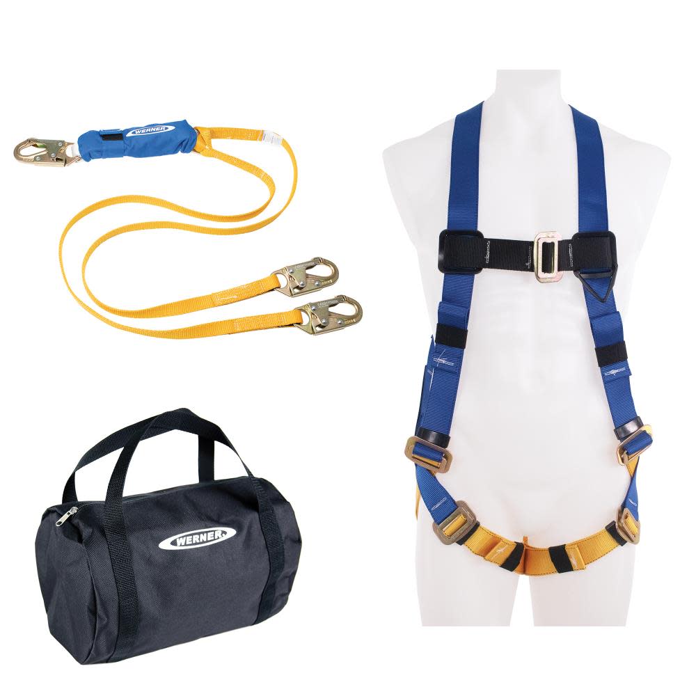Werner Aerial Kit with BaseWear Std Harness 6ft DeCoil Dual Leg Lanyard - Ascmtools