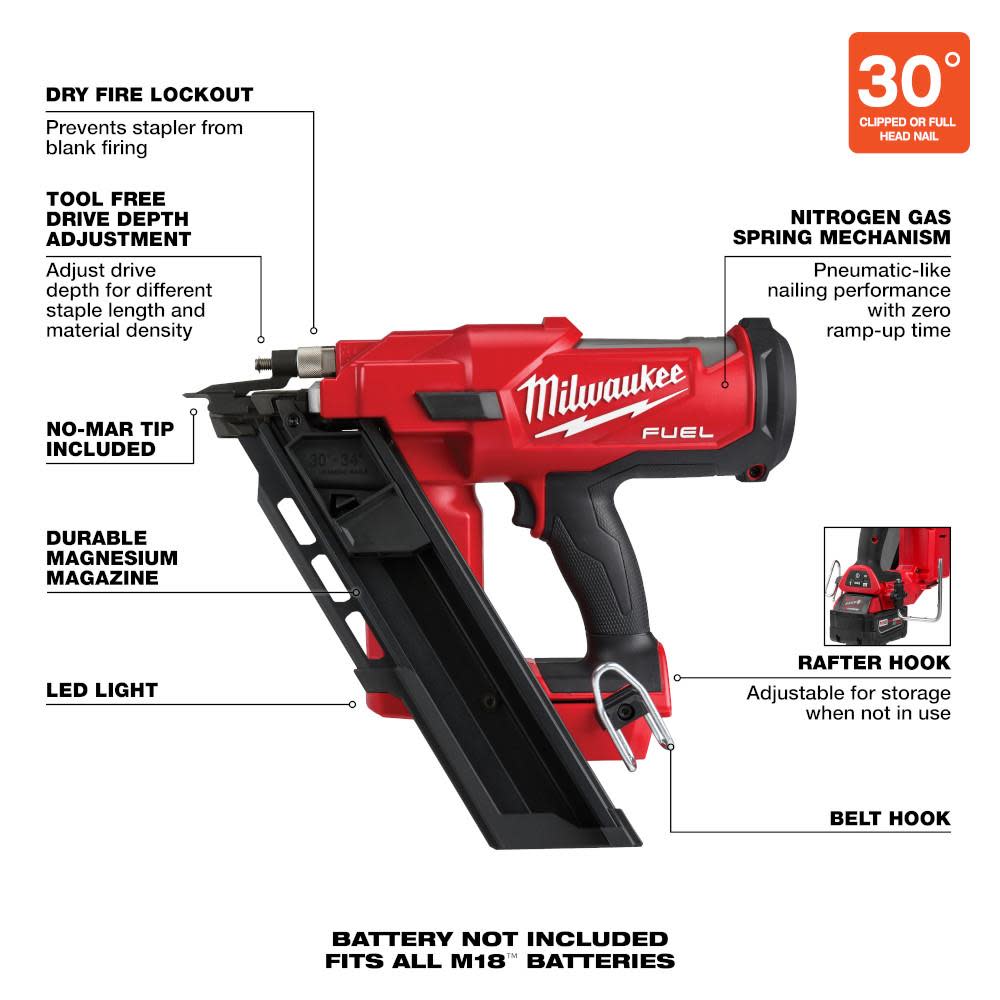 Milwaukee M18 FUEL 30 Degree Framing Nailer - Ascmtools