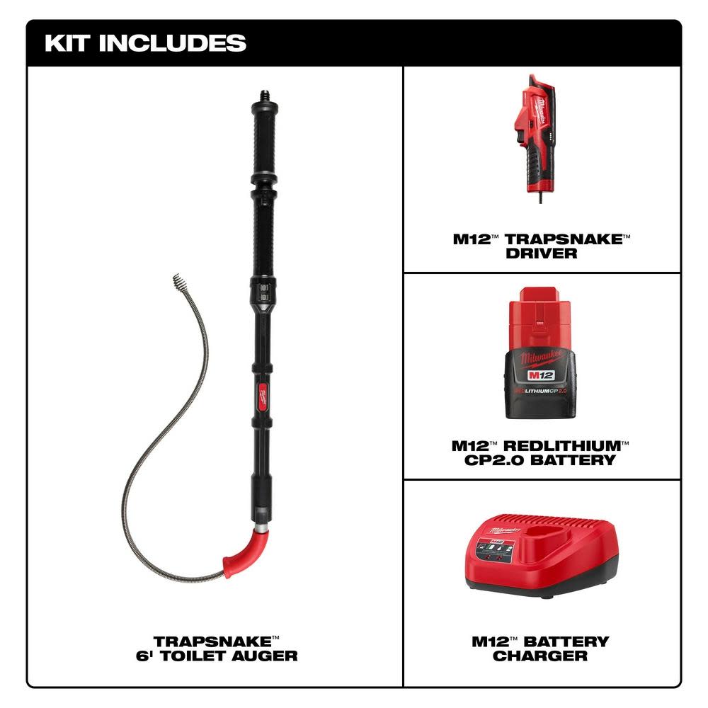 Milwaukee M12 TRAPSNAKE 6′ Toilet Auger Kit - Ascmtools