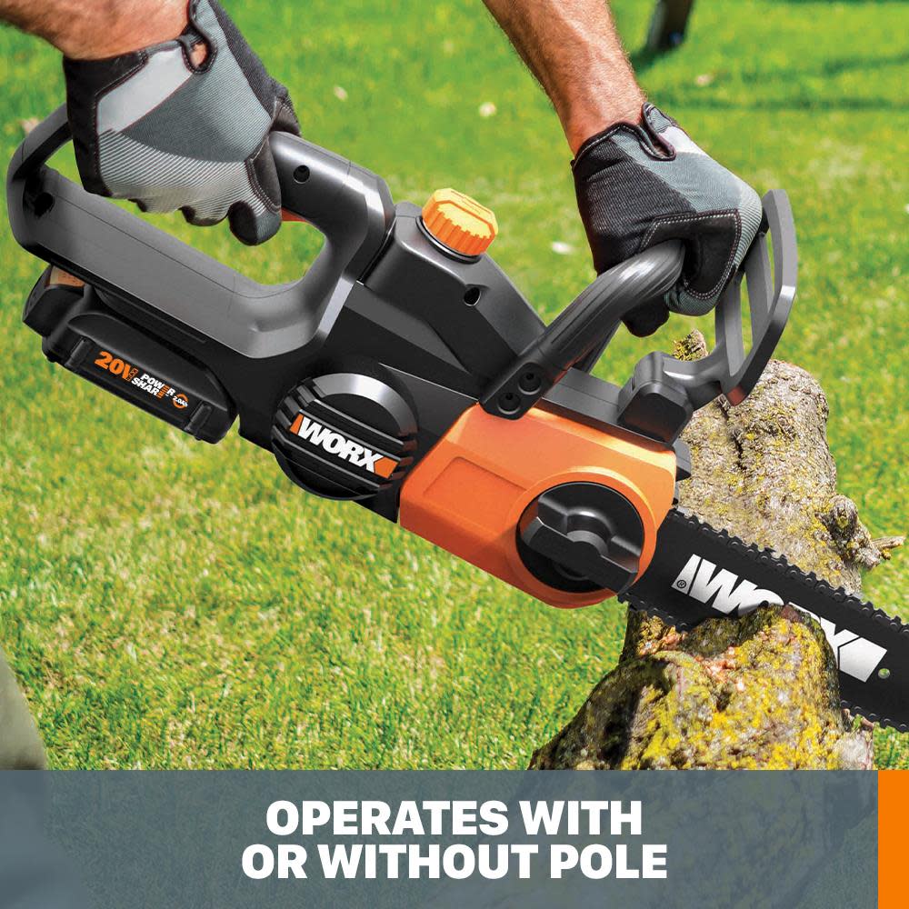 Worx POWER SHARE 20-Volt 10in. Cordless Pole Saw with 10 ft Extension and Detachable Chain Saw (Battery and Charger Included) - Ascmtools