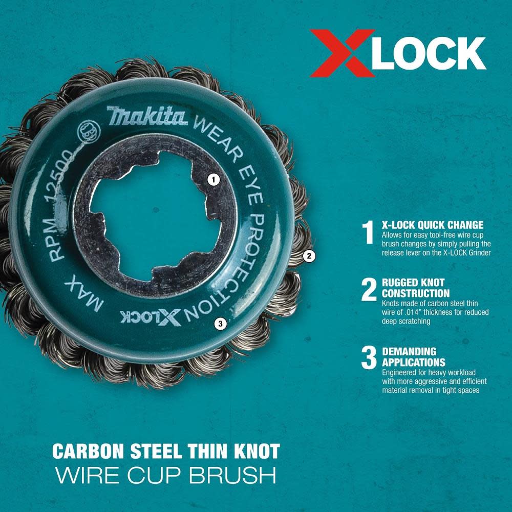Makita X-LOCK 3-1/8″ Carbon Steel Knot Thin Wire Cup Brush - Ascmtools