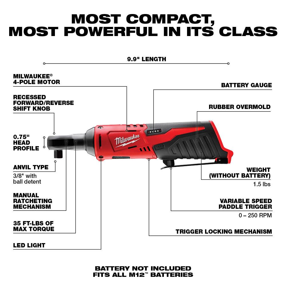 Milwaukee M12 Cordless 3/8 In. Ratchet (Bare Tool) - Ascmtools
