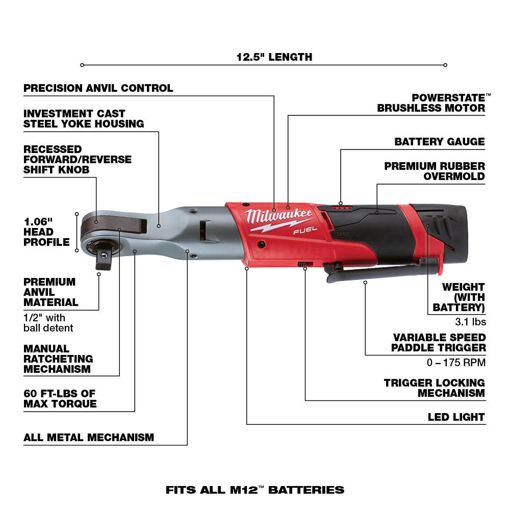 Milwaukee M12 FUEL 1/2 in. Ratchet 2 Battery Kit - Ascmtools