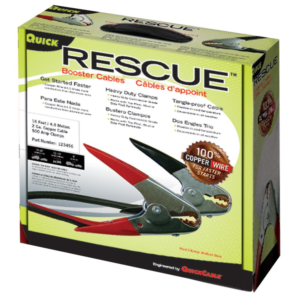 Quick Cable 16 Ft. 4 Gauge 500 Amp RESCUE Coated Parrot Clamp Medium Booster Cable - Ascmtools