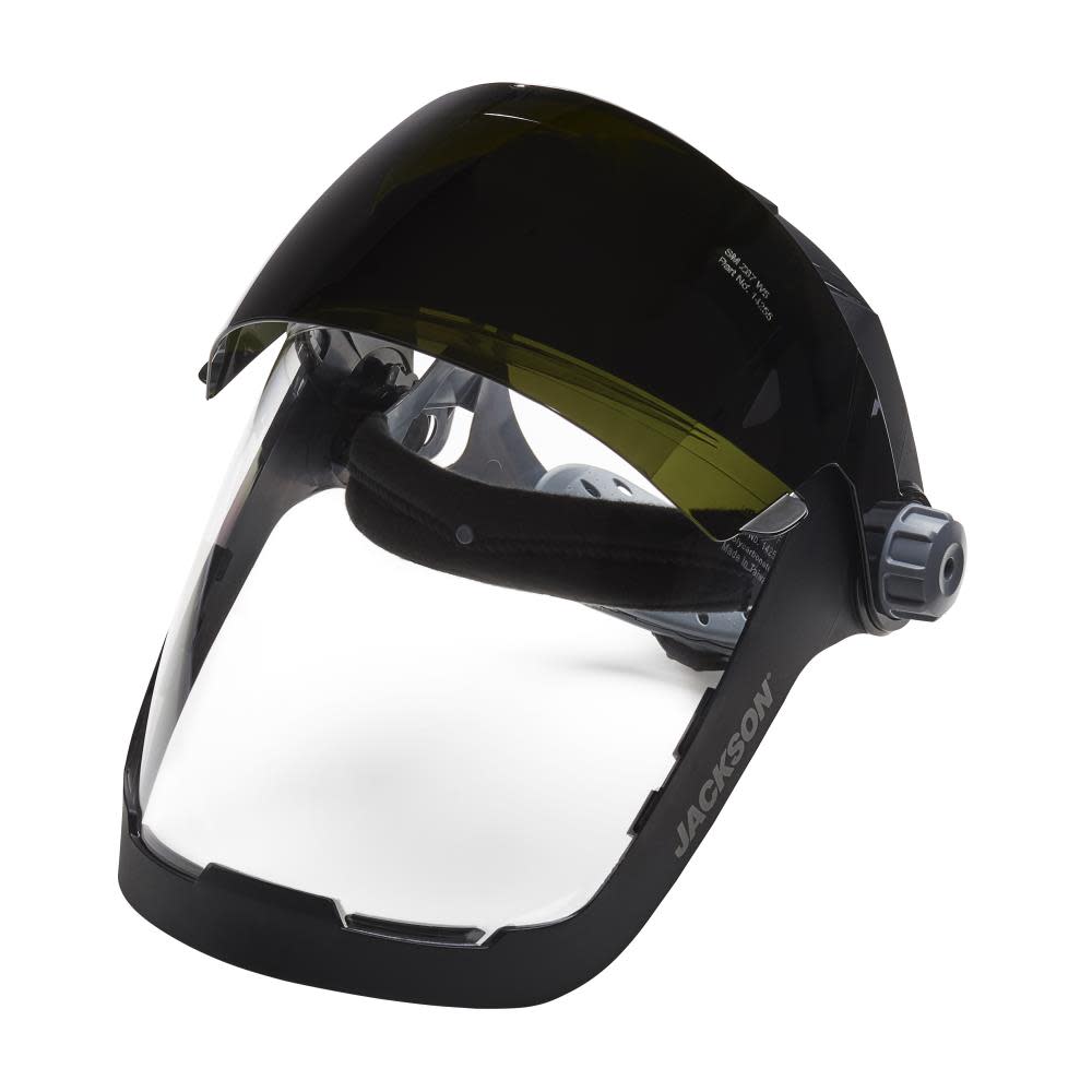 Jackson Safety QUAD 500 Premium Multi-Purpose Face Shield – Clear Window with Shade 5 IR Flip Visor – Anti-Fog Coating – 370 Speed Dial Ratcheting Headgear - Ascmtools