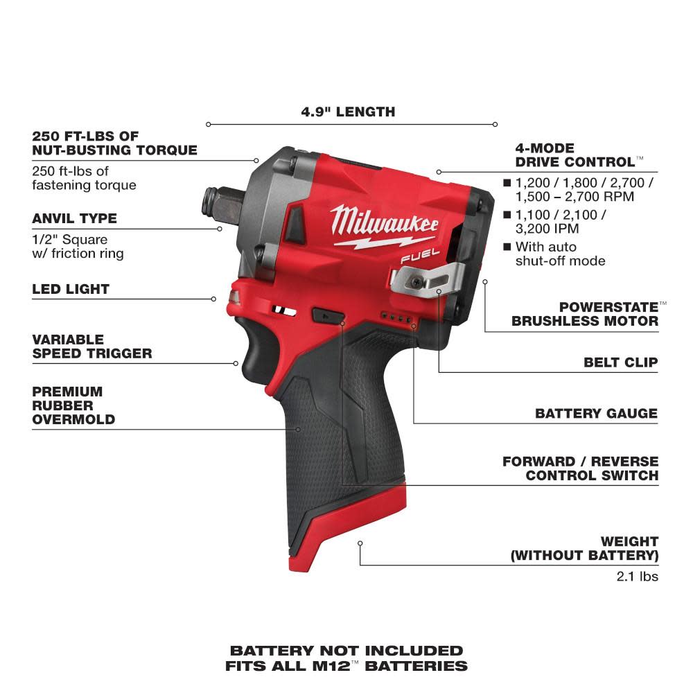 Milwaukee M12 FUEL Stubby 1/2 in. Impact Wrench - Ascmtools