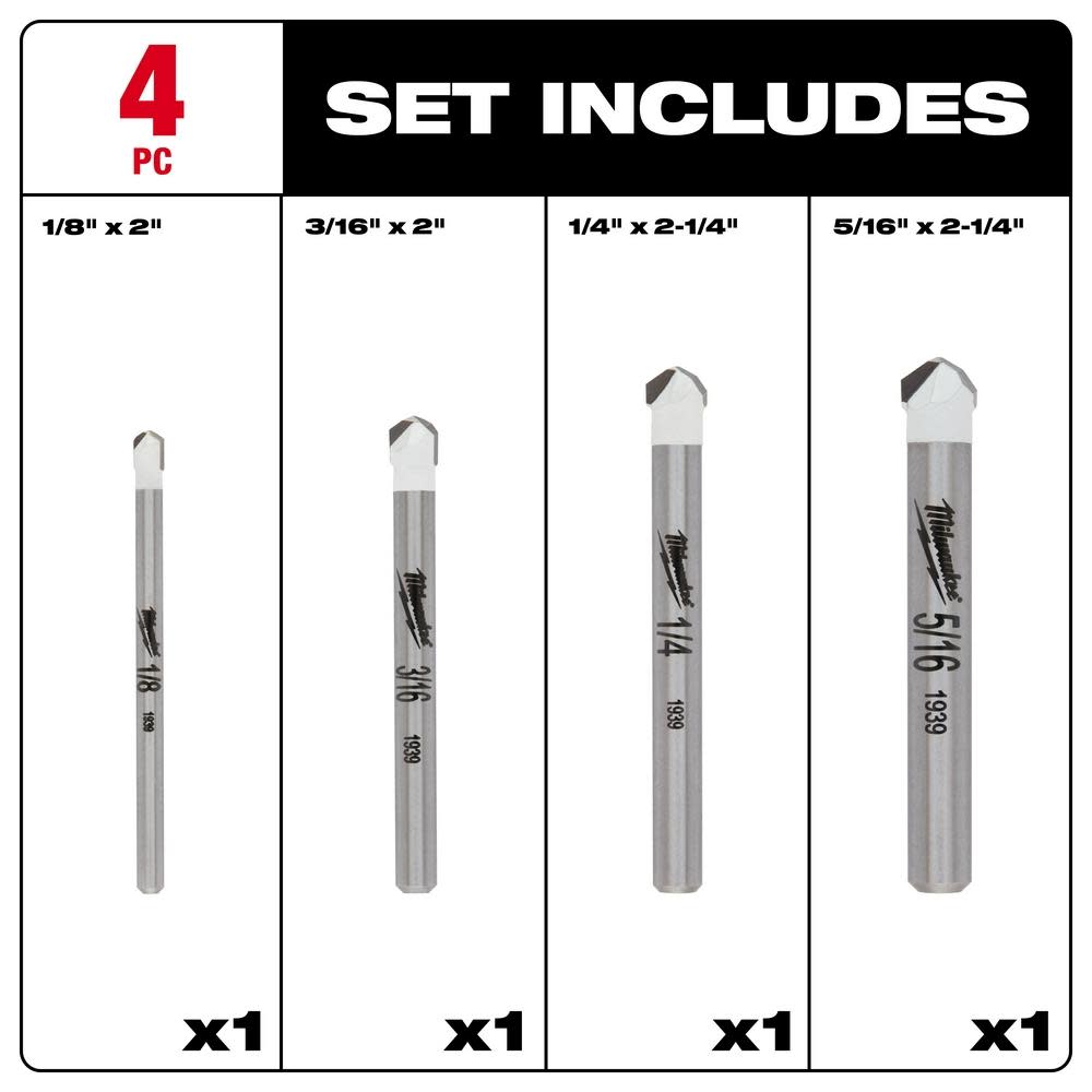 Milwaukee 4 pc Tile and Natural Stone Bit Set - Ascmtools