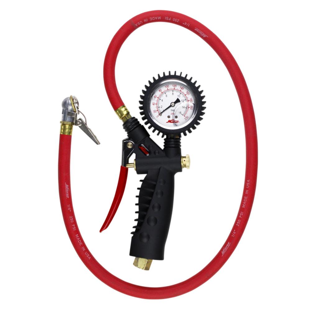 Milton 573A Pro Analog Pistol Grip Inflator Gauge – 36″ Hose and Ball Chuck with Clip – 230 PSI - Ascmtools