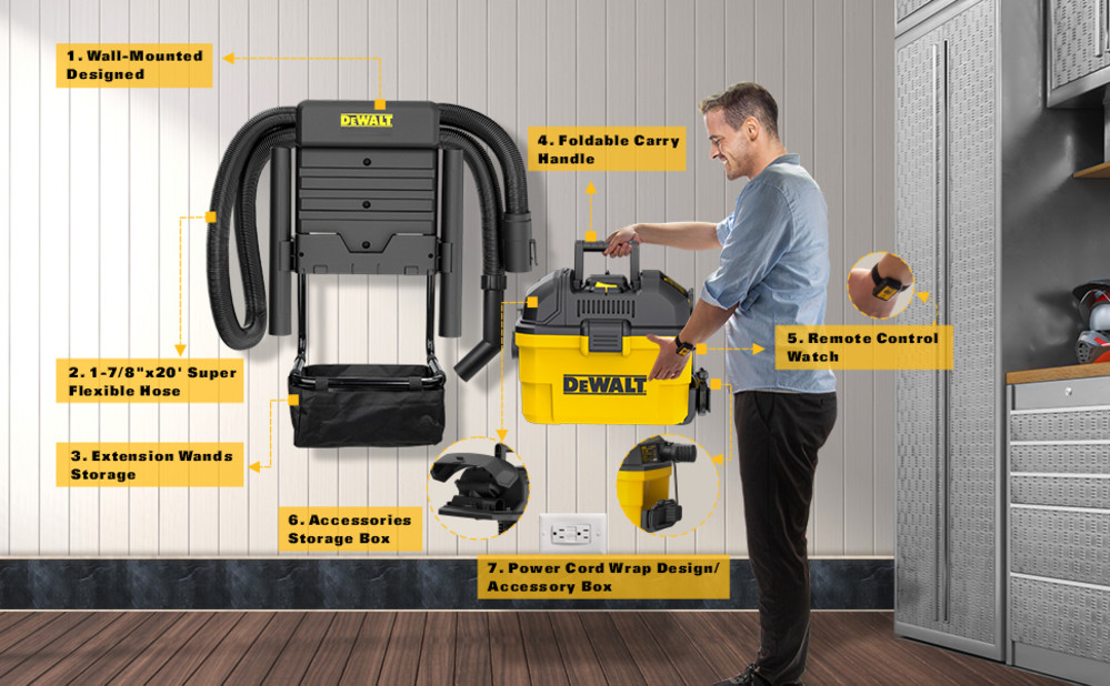 DEWALT 6 Gallon Wall Mounted Wet/Dry Vacuum with Wireless on/off Control - Ascmtools