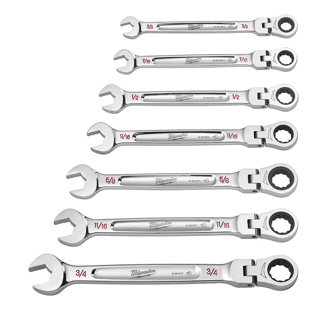 Milwaukee Combination Wrench Set SAE Flex Head Ratcheting 7pc - Ascmtools