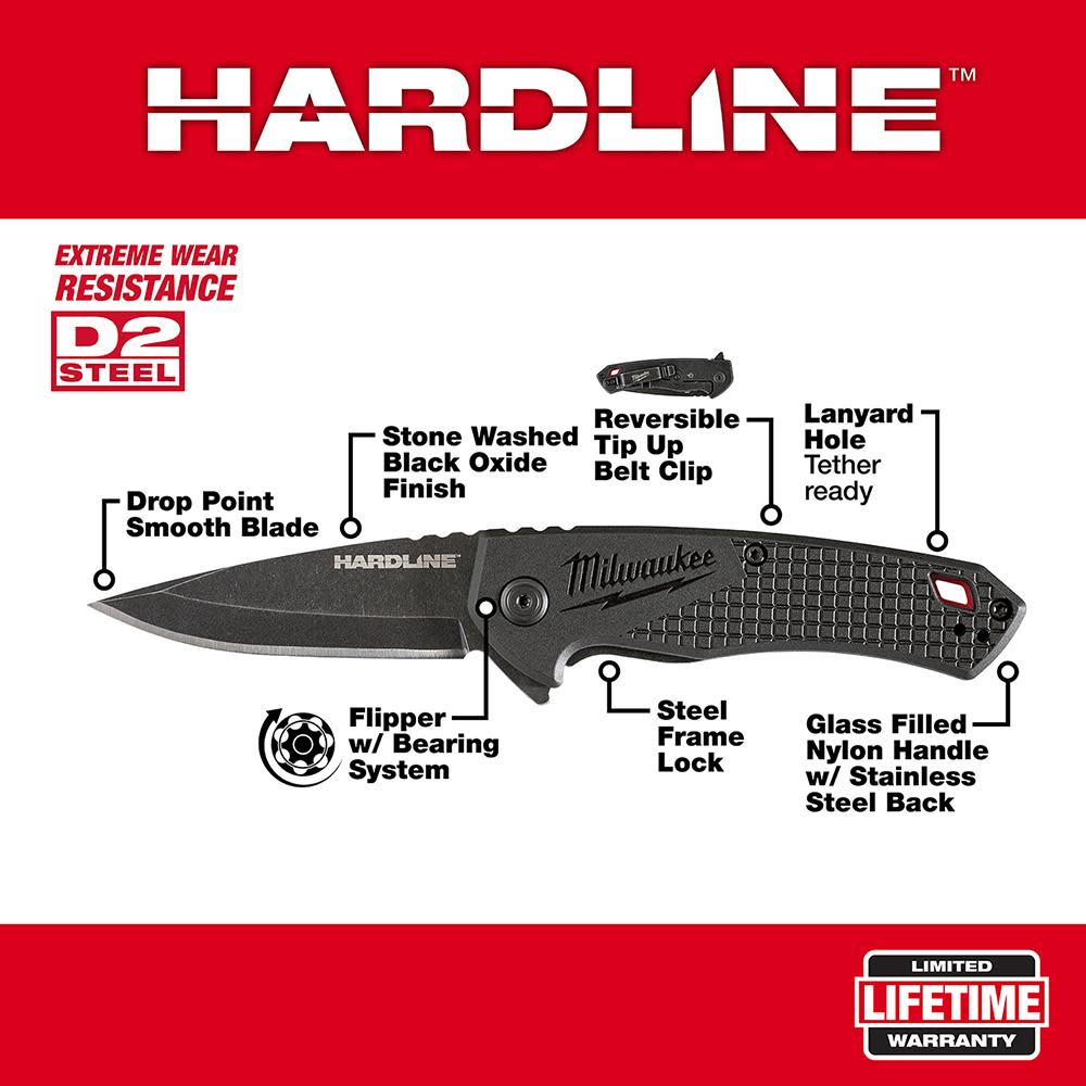 Milwaukee 2.5 in. HARDLINE Smooth Drop Point Blade Pocket Knife - Ascmtools