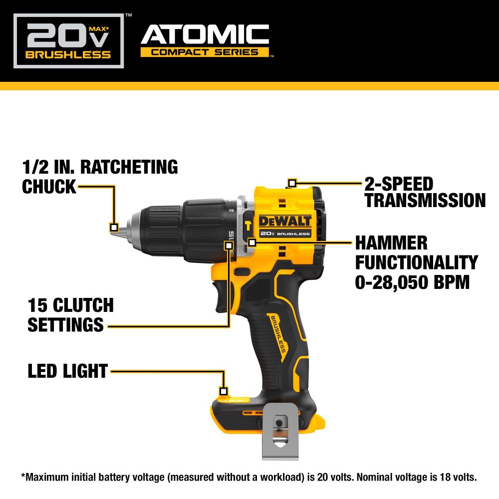 DEWALT 20V Max Compact Hammer Drill/Driver Bare Tool - Ascmtools
