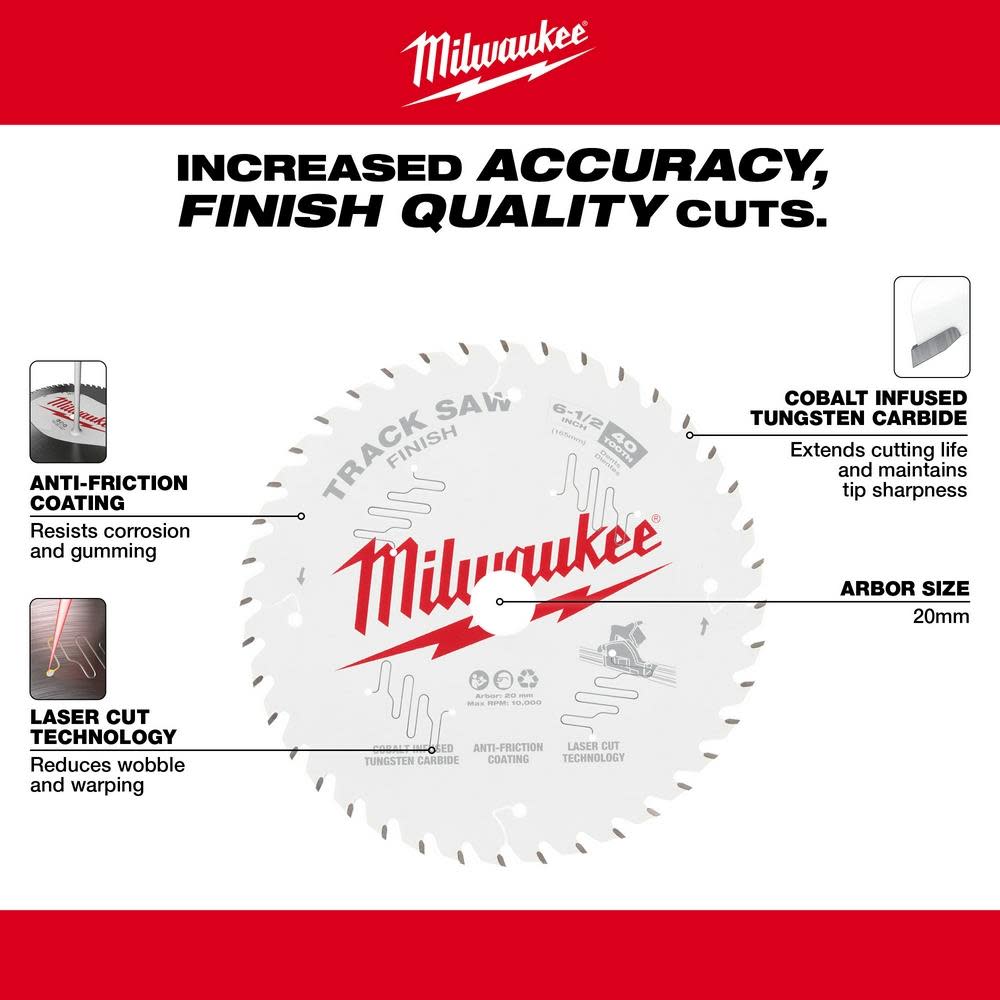 Milwaukee 6 1/2 40T Finish Track Saw Blade - Ascmtools