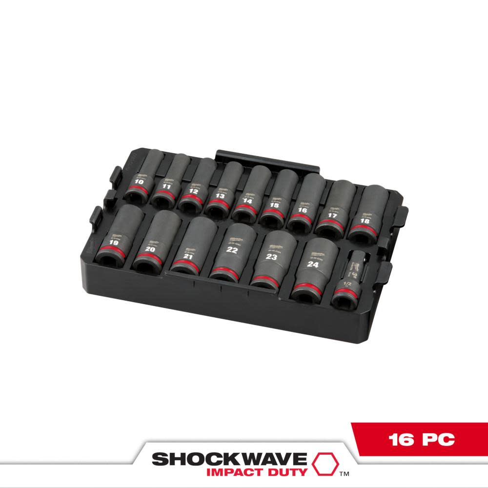 Milwaukee SHOCKWAVE Impact Duty Socket 1/2 Dr 16pc MM Tray Set - Ascmtools
