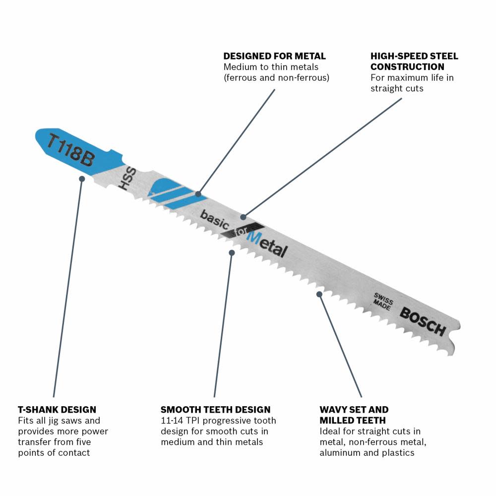 Bosch 5 pc. 3-5/8 In. 11-14 TPI Basic for Metal T-Shank Jig Saw Blades - Ascmtools