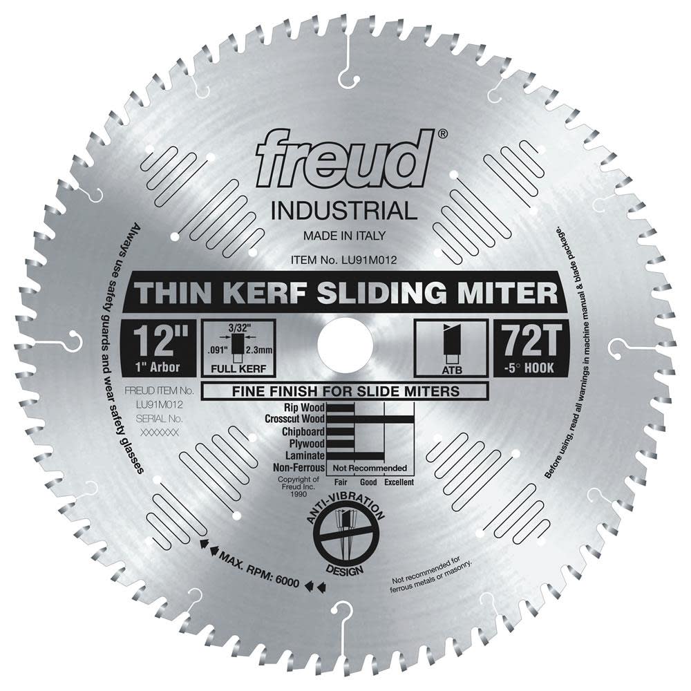 Freud 12 In. x 72T Thin Kerf Sliding Compound Miter Saw Blade - Ascmtools
