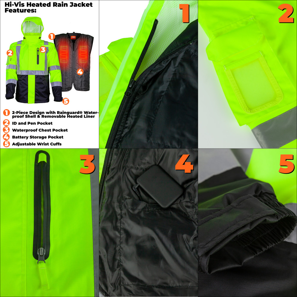 Mobile Warming Hi-Vis Heated Rain Heated Jacket Men’s 7.4 Volt HI-VIZ 2X - Ascmtools