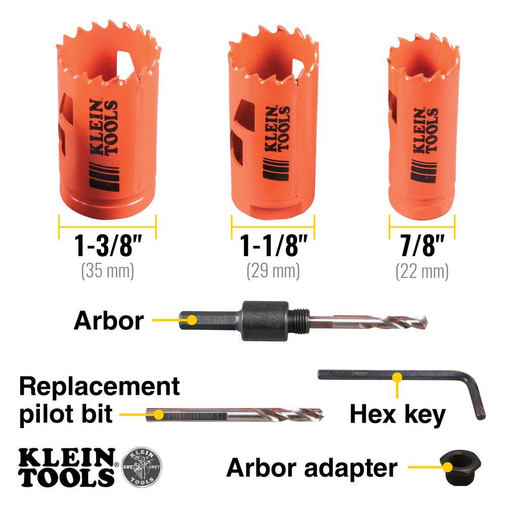 Klein Tools 3-Piece Hole Saw Kit w/ Arbor - Ascmtools