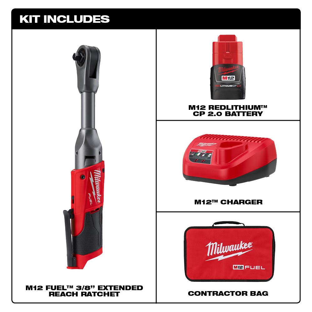 Milwaukee M12 FUEL 3/8 in. Extended Reach Ratchet 1 Battery Kit - Ascmtools