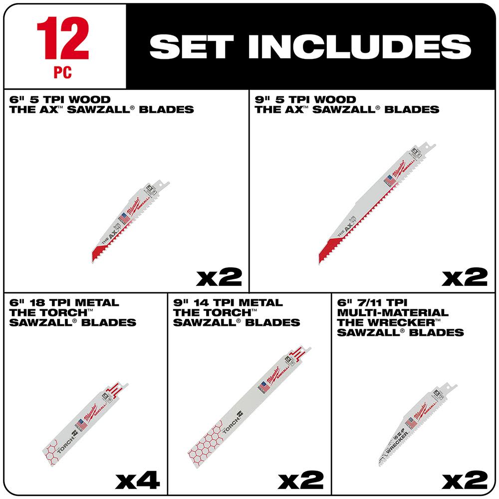 Milwaukee 12-Piece SAWZALL Blade Set - Ascmtools