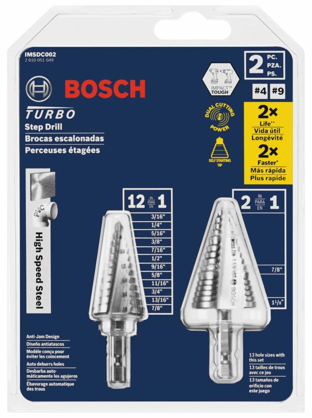 Bosch High Speed Steel Impact Tough Turbo Step Drill Bit Set 2pc - Ascmtools