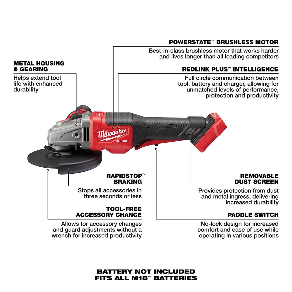 Milwaukee M18 FUEL 4-1/2 in.-6 in. No Lock Braking Grinder with Paddle Switch - Ascmtools