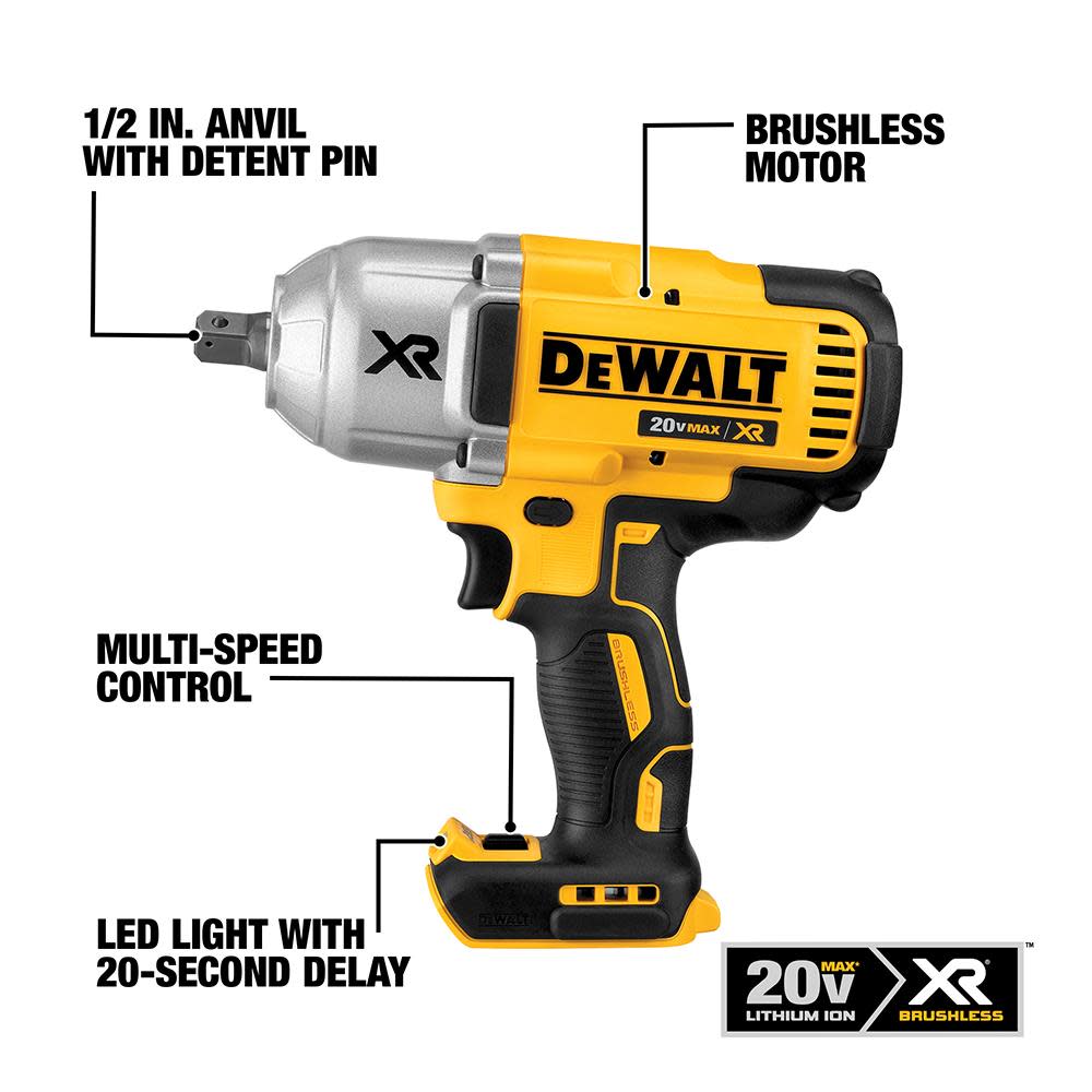 DEWALT 20V MAX XR High Torque 1/2-in Impact Wrench Kit with Detent Anvil - Ascmtools