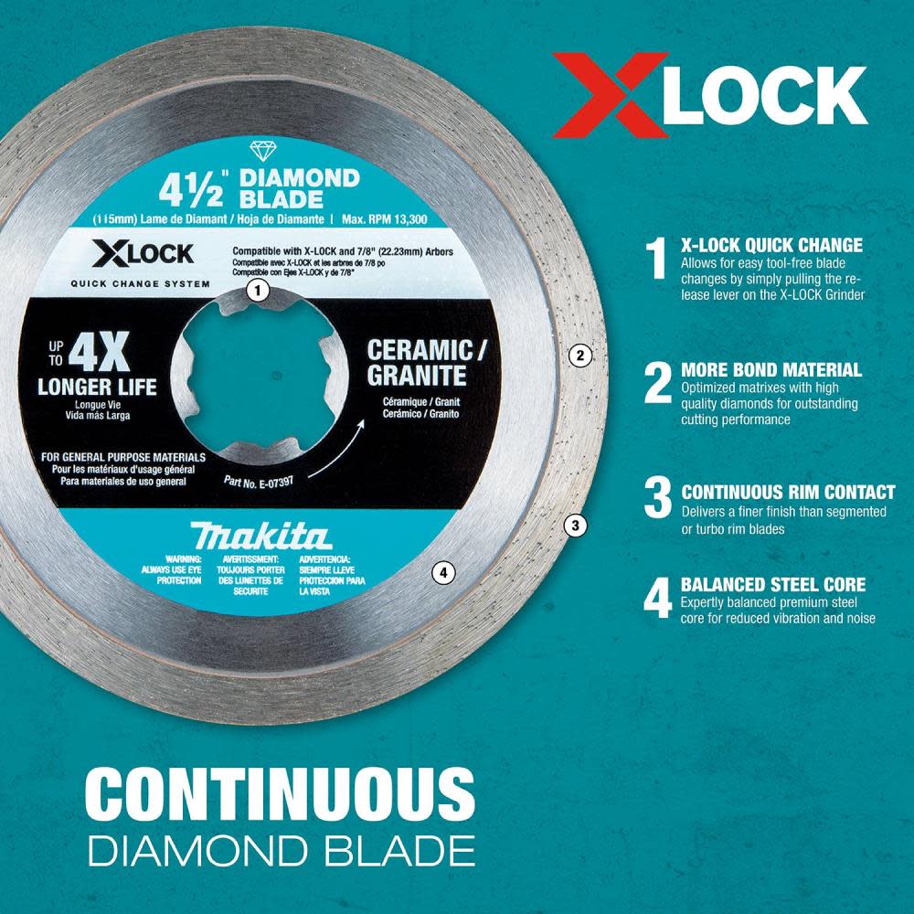 Makita X-LOCK 4-1/2″ Continuous Rim Diamond Blade for Ceramic and Granite Cutting - Ascmtools