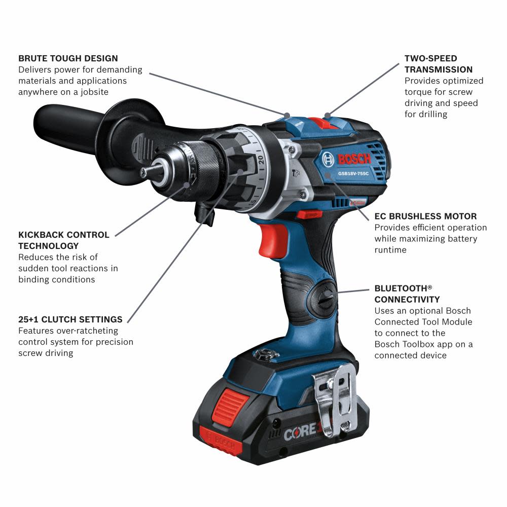 Bosch 18V EC Brute Tough 1/2″ Hammer Drill/Driver Kit - Ascmtools