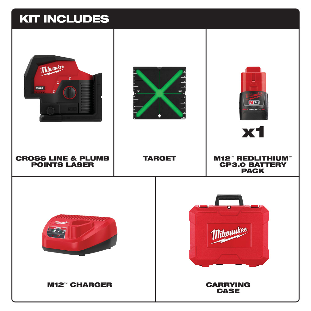 Milwaukee M12 Green Beam Laser Kit Cross Line & Plumb Points - Ascmtools
