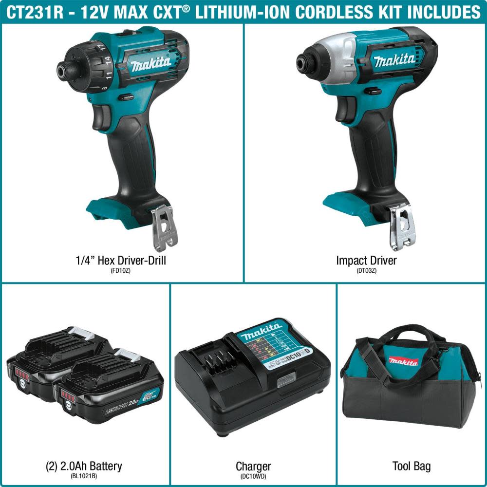 Makita 12V max CXT Lithium-Ion Cordless 2-Pc. Combo Kit (2.0Ah) - Ascmtools