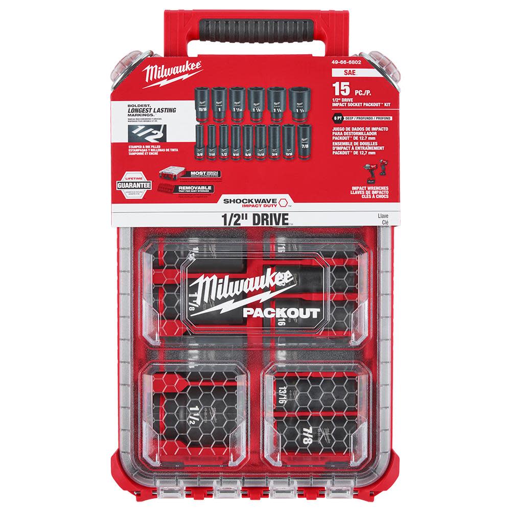 Milwaukee SHOCKWAVE Impact Duty Socket 1/2 Dr 15pc SAE PACKOUT Set - Ascmtools