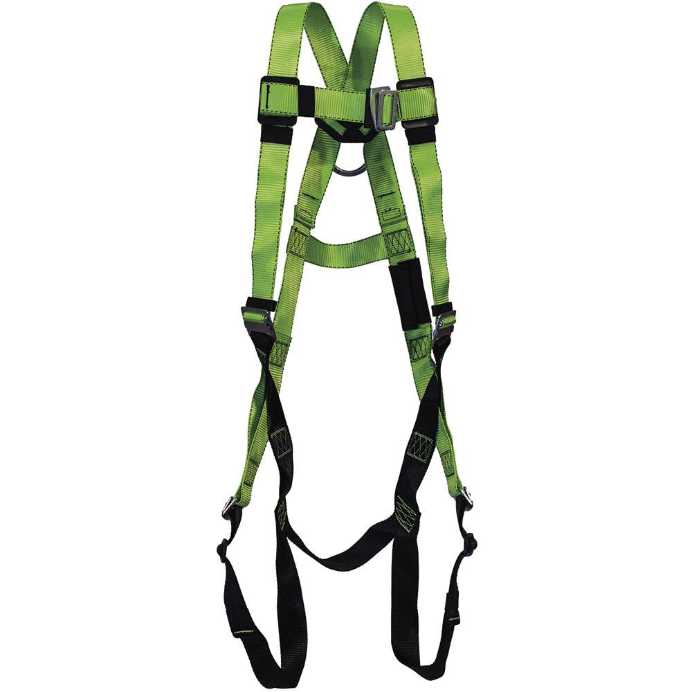 Peakworks Full Body Safety Harness 5-Point Adjustment with Fall Indicator Back D-Ring Pass Thru Leg Buckles Hi-Vis Green/Black Universal Fit - Ascmtools
