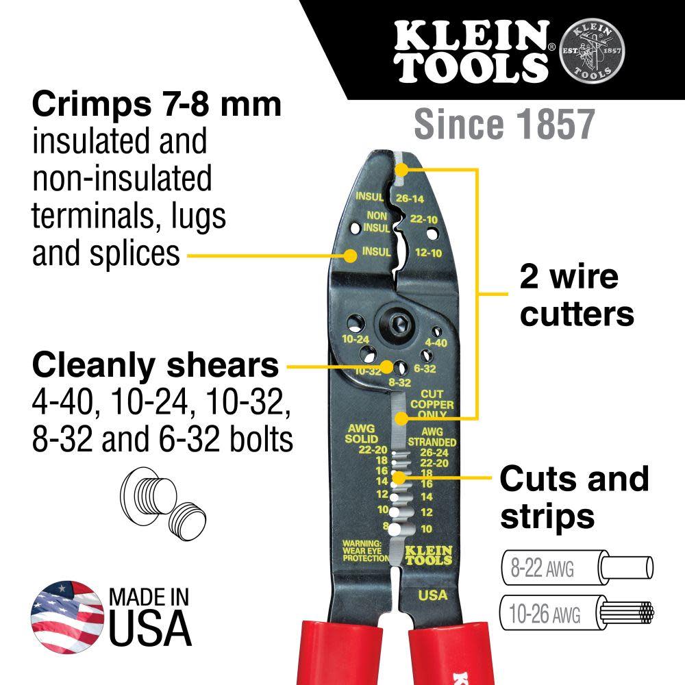 Klein Tools Electricians Crimper Stripper Wire Cutter Multi Tool 8-22 AWG - Ascmtools