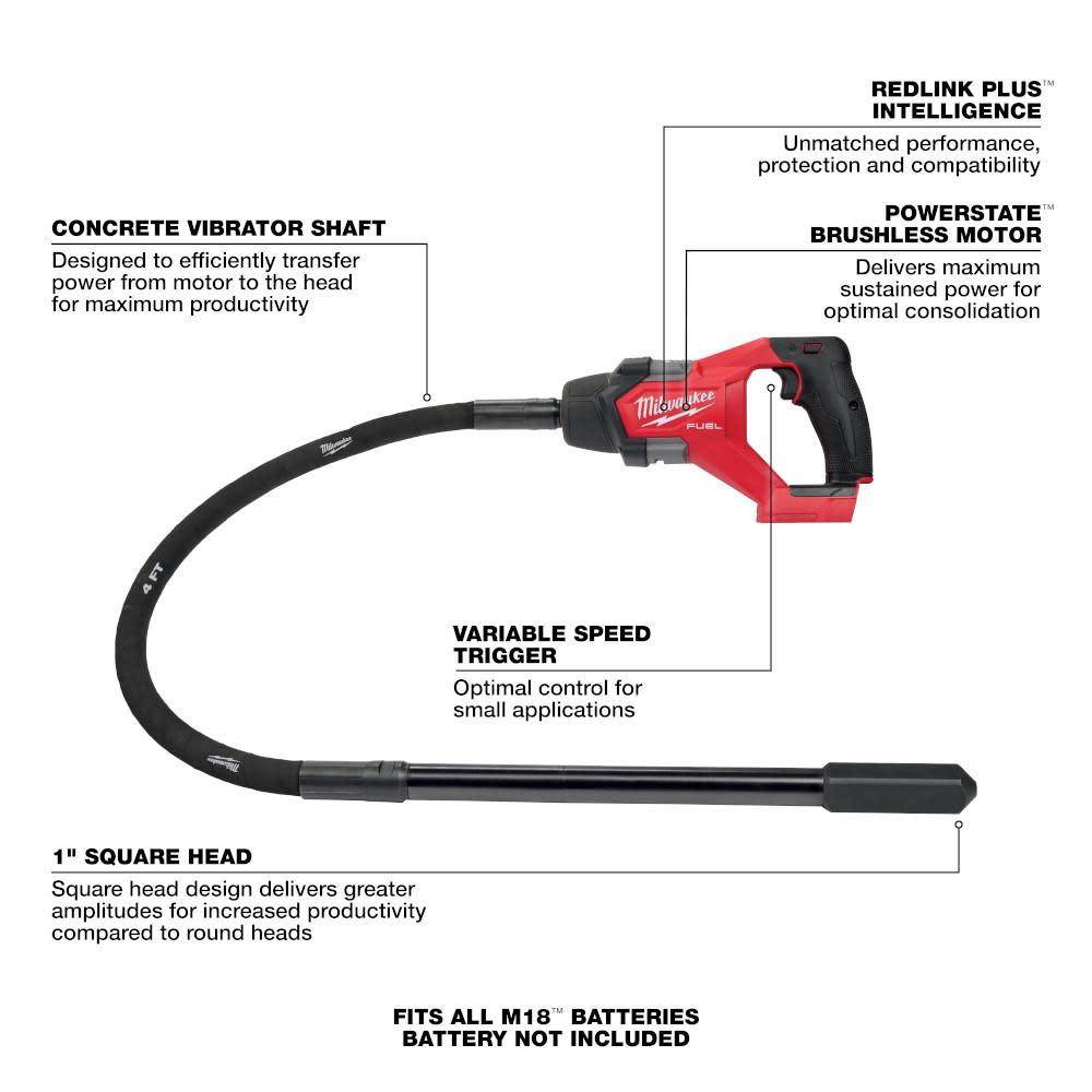 Milwaukee M18 FUEL 4′ Concrete Pencil Vibrator Bare Tool - Ascmtools